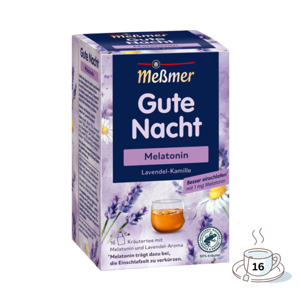 Meßmer Gute Nacht Lavendel­ Kamille, Melatonin, Kraeutertee, Teebeutel im Kuvert, 2. Entnahmefach displaytauglich, 32g